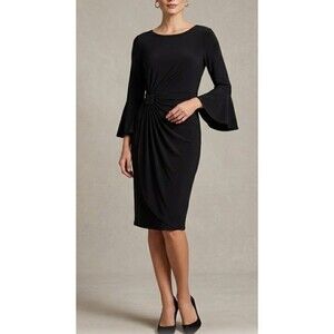 Connected Apparel Sheath Dress M Black Ruched Bell Sleeve Party Cocktail NEW
